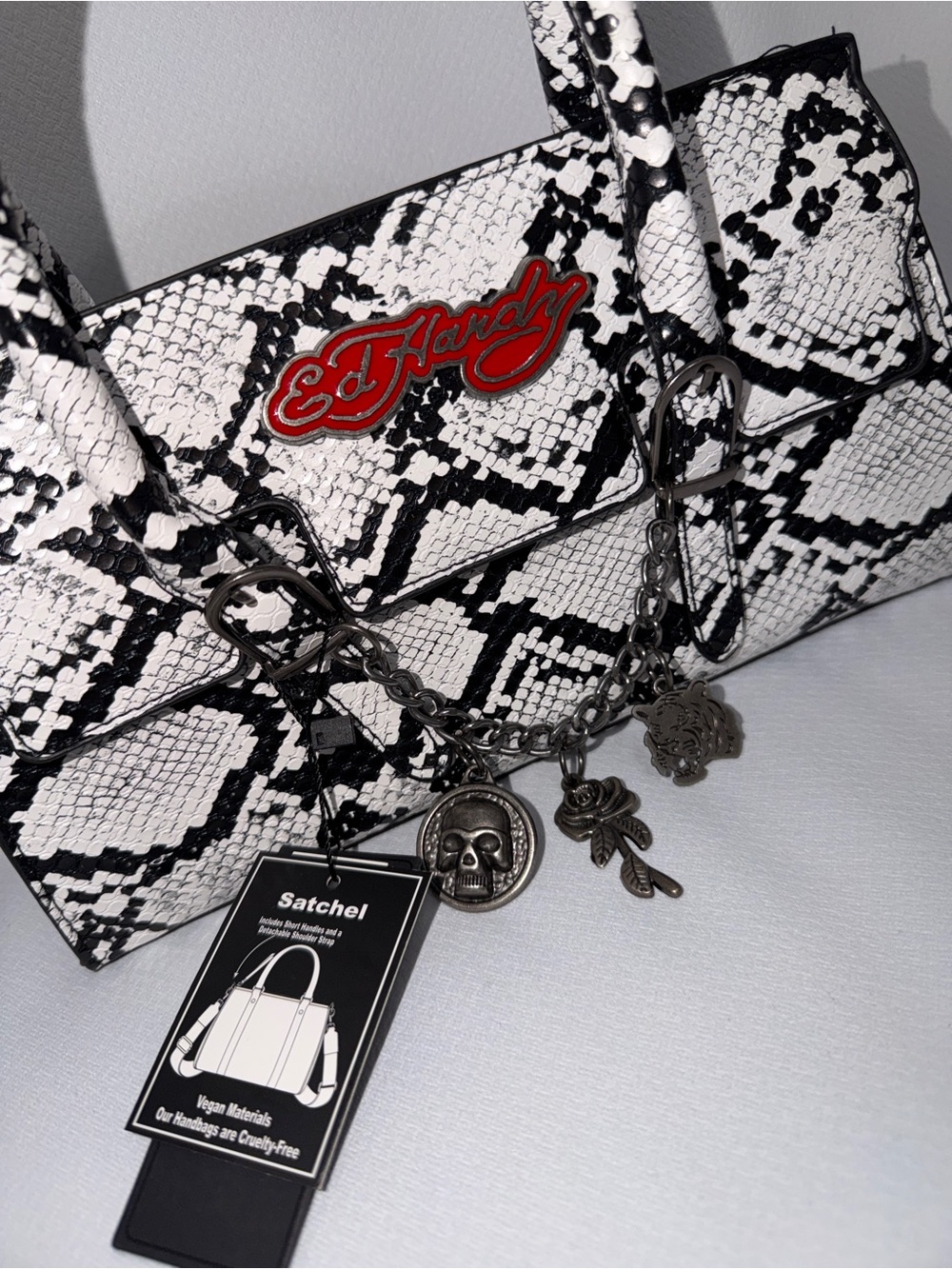 Ed Hardy Black & White Snake Print Satchel with Logo Charm - Picture 2 of 4